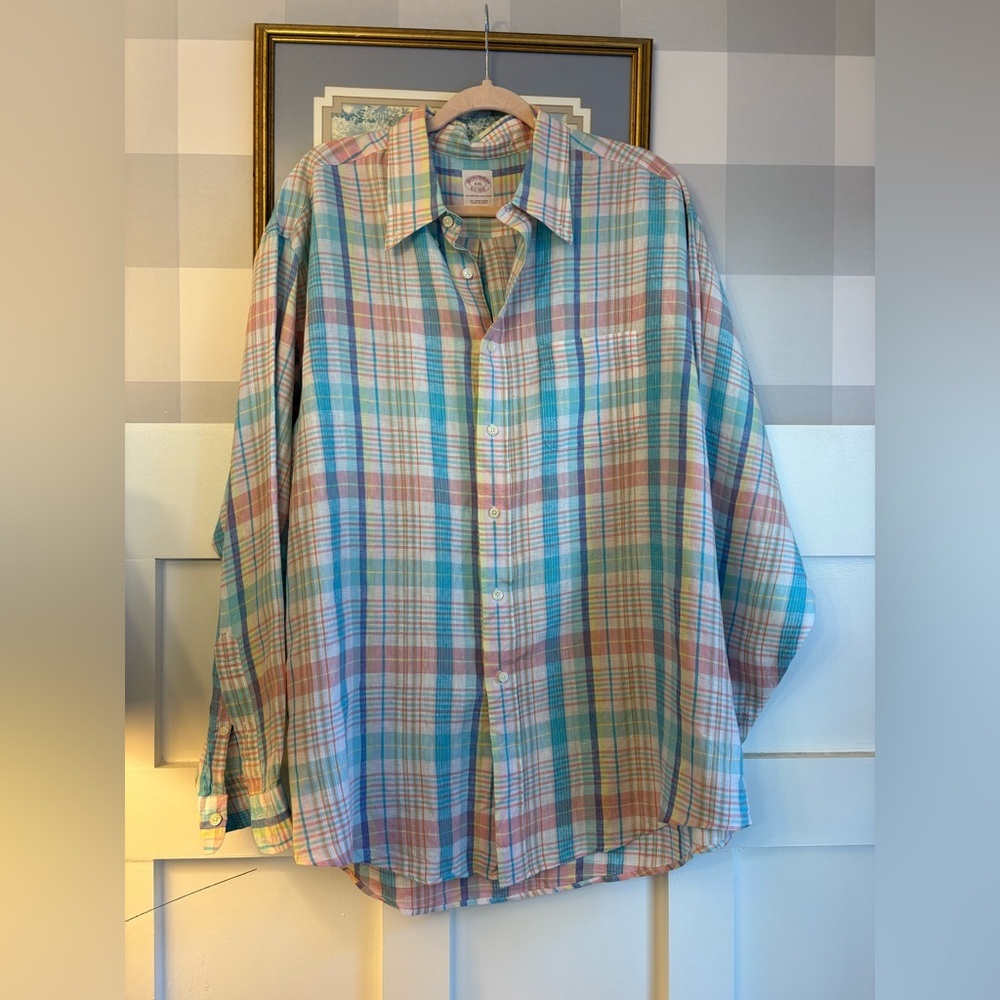 Brooks Brothers Irish Linen Pastel Plaid‎ Button Down Shirt Size XXL